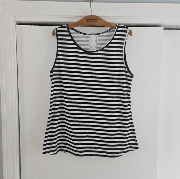 Sleeveless Scoop Neck Navy White Stripe Lace Large Tank Top - Picture 1 of 7
